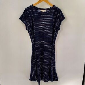 LOFT Pullover Dress Size XL Red White And Blue Swiss Dot With Belt Ruffle Hem